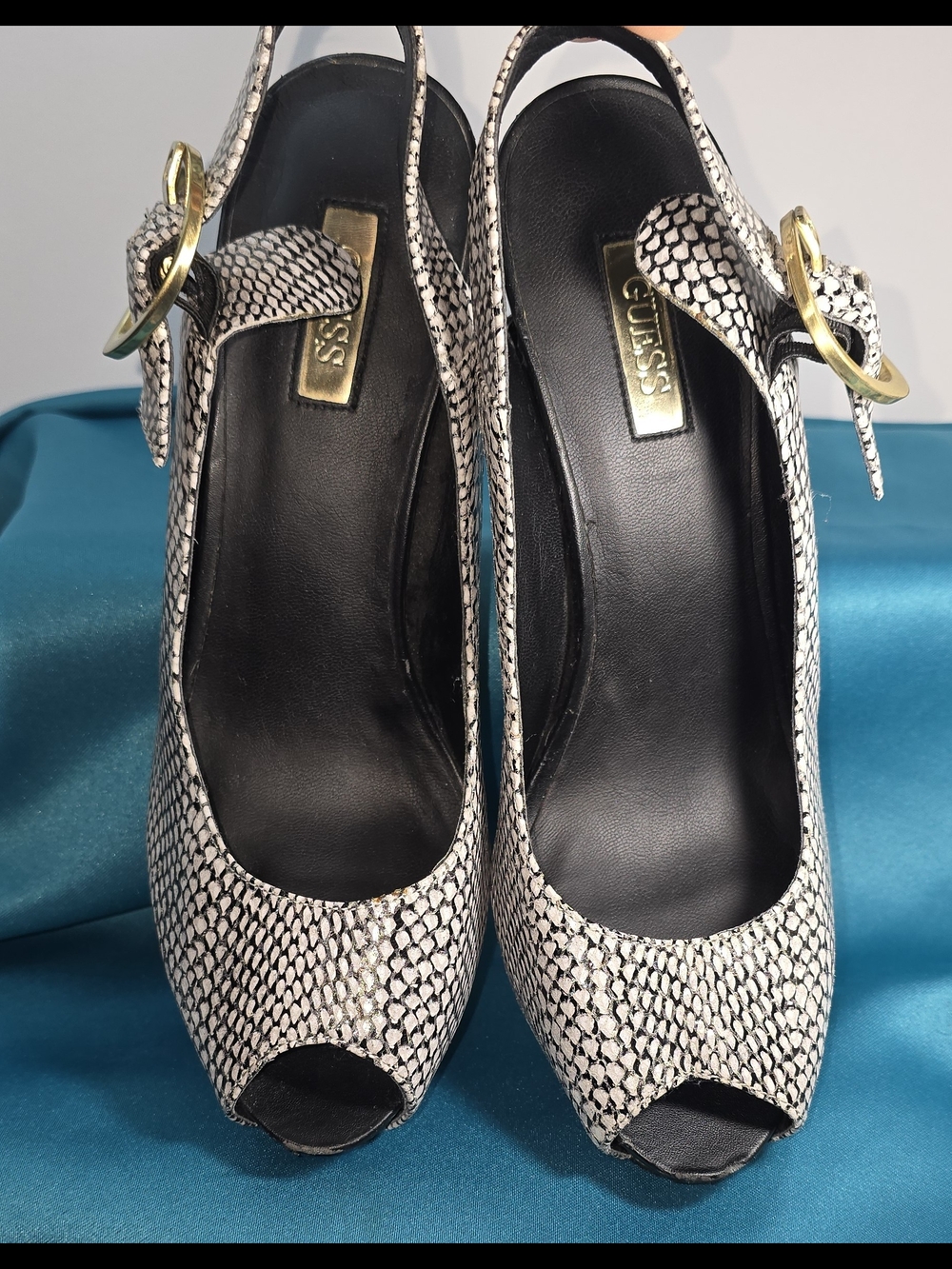 GUESS Women's Snake-Print Peep Toe Slingback Sandals in Black & White